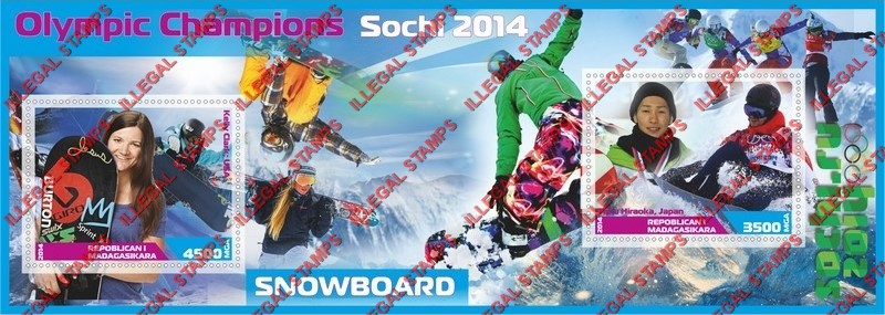 Madagascar 2014 Olympic Champions Snowboard Illegal Stamp Souvenir Sheet of 2 Madagascar 2014 Olympic Champions Snowboard Illegal Stamp Souvenir Sheet of 2