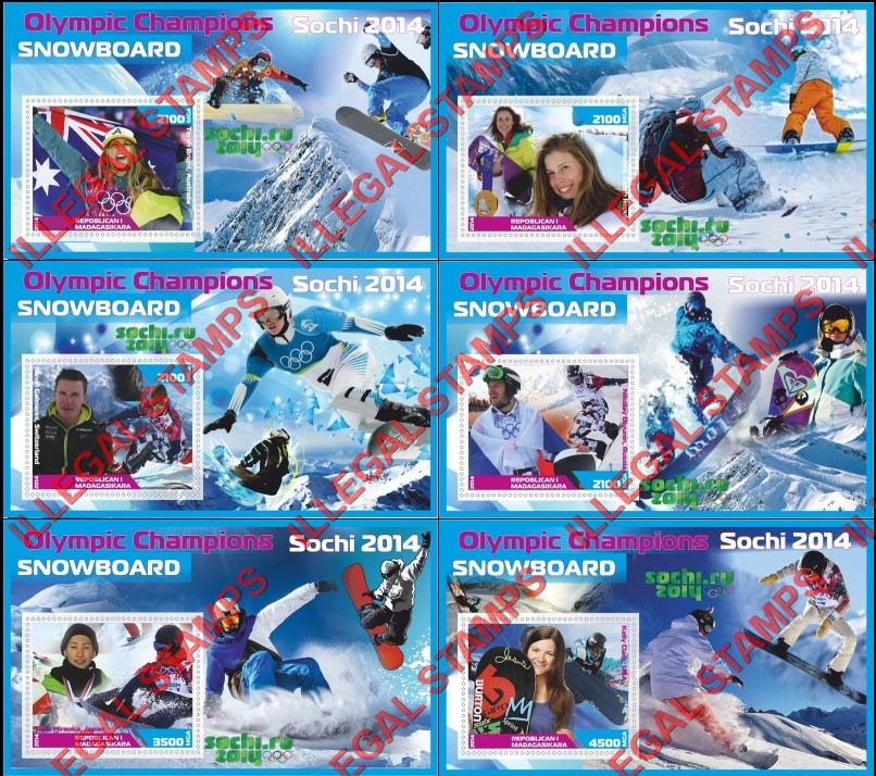Madagascar 2014 Olympic Champions Snowboard Illegal Stamp Souvenir Sheets of 1 Madagascar 2014 Olympic Champions Snowboard Illegal Stamp Souvenir Sheets of 1