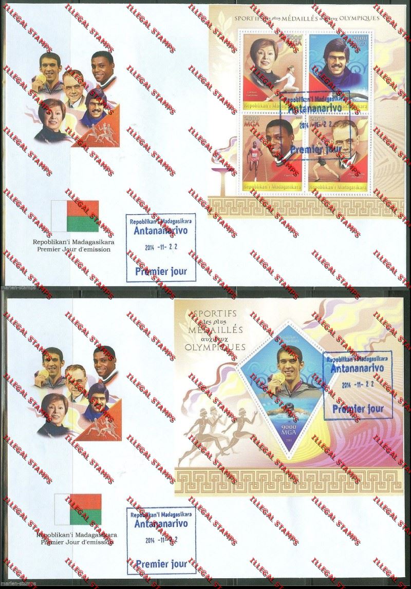Madagascar 2014 Athletes at the Olympic Games Illegal Stamp Souvenir Sheet and Sheetlet on Fake FDC's Madagascar 2014 Athletes at the Olympic Games Illegal Stamp Souvenir Sheet and Sheetlet on Fake FDC's