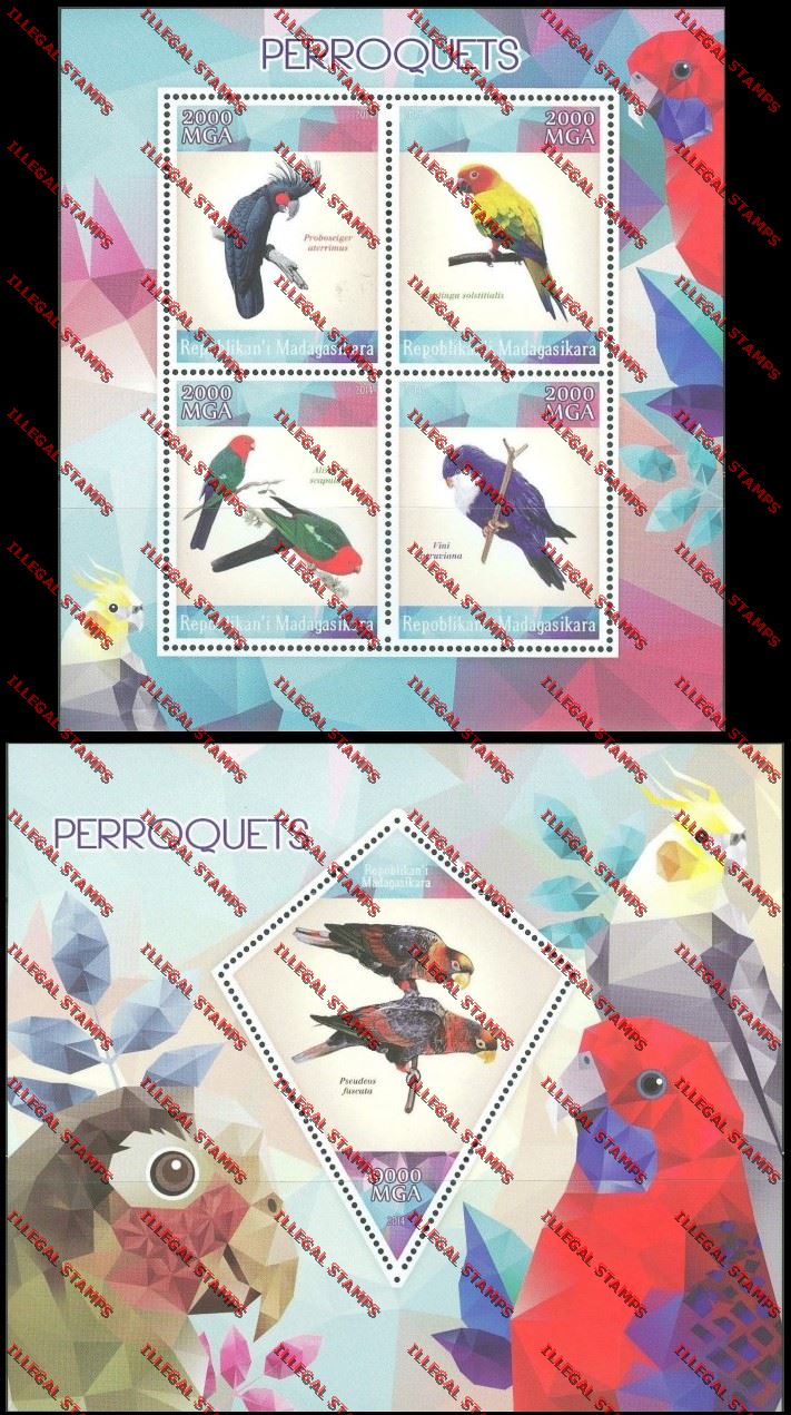 Madagascar 2014 Parrots Illegal Stamp Souvenir Sheet and Sheetlet Madagascar 2014 Parrots Illegal Stamp Souvenir Sheet and Sheetlet