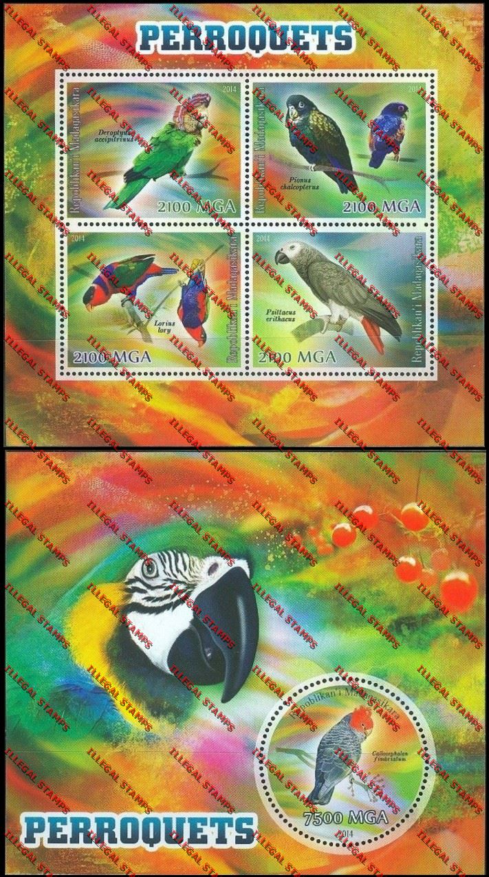 Madagascar 2014 Parrots Illegal Stamp Souvenir Sheet and Sheetlet Madagascar 2014 Parrots Illegal Stamp Souvenir Sheet and Sheetlet