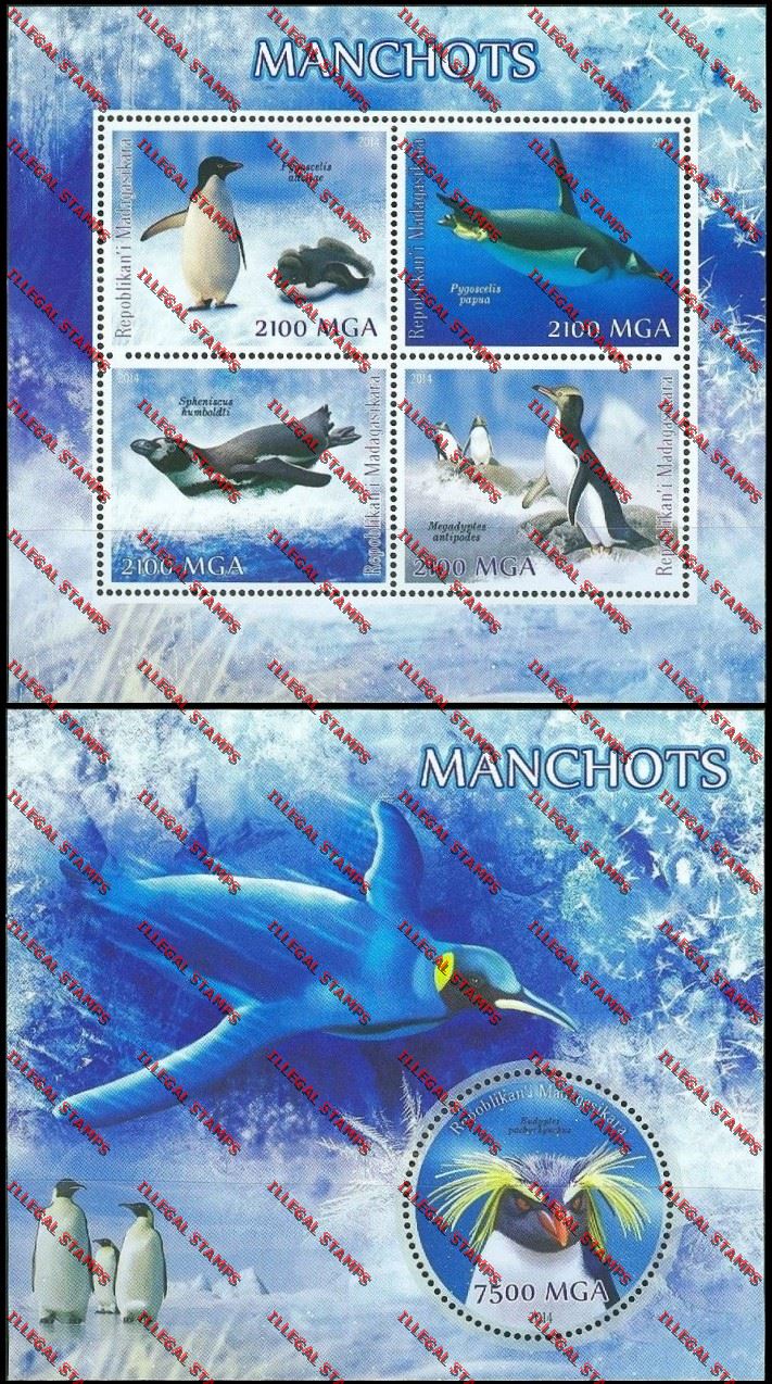 Madagascar 2014 Penguins Illegal Stamp Souvenir Sheet and Sheetlet Madagascar 2014 Penguins Illegal Stamp Souvenir Sheet and Sheetlet