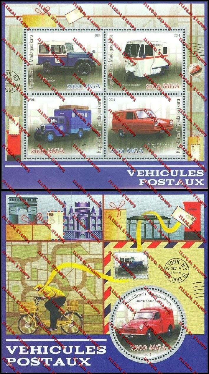 Madagascar 2014 Postal Vehicles Illegal Stamp Souvenir Sheet and Sheetlet Madagascar 2014 Postal Vehicles Illegal Stamp Souvenir Sheet and Sheetlet