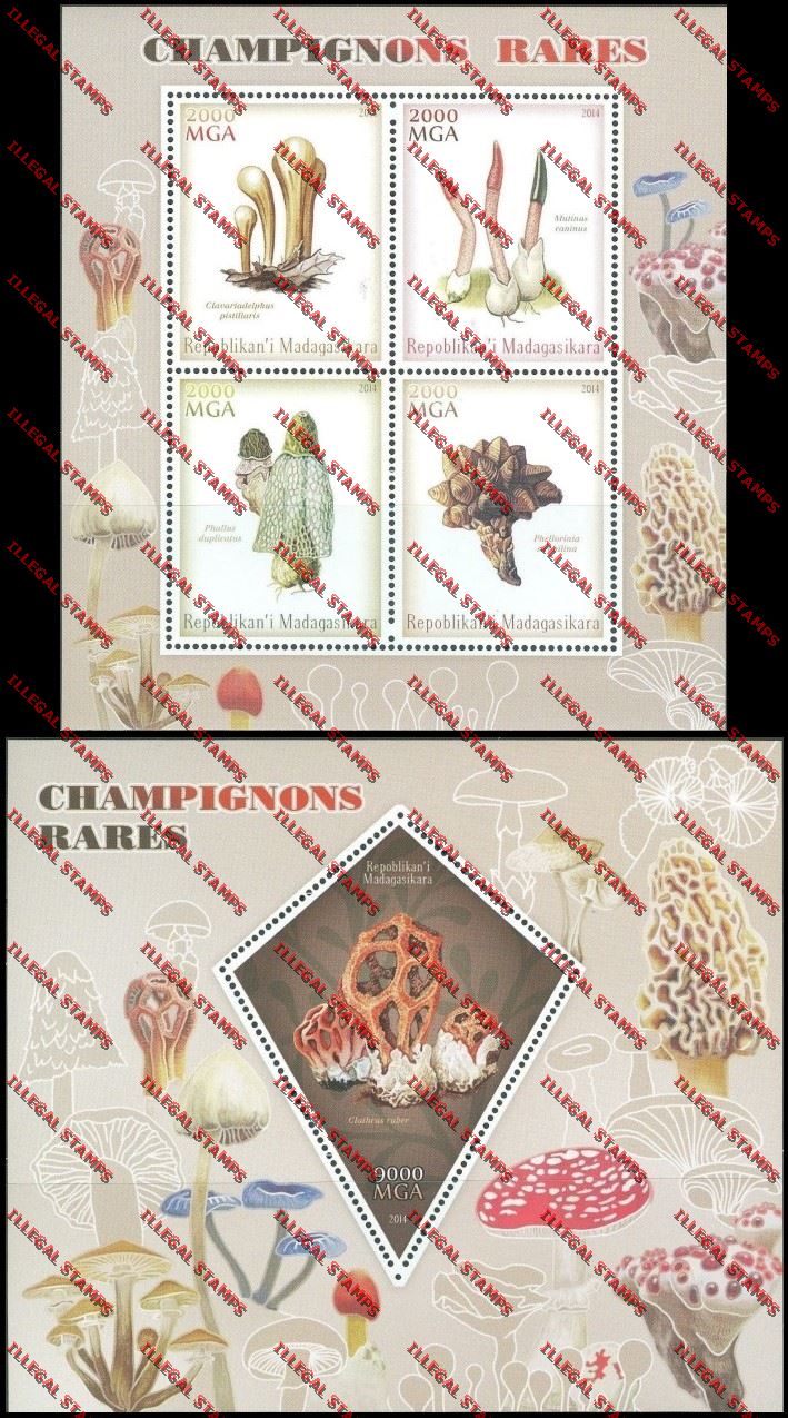 Madagascar 2014 Rare Mushrooms Illegal Stamp Souvenir Sheet and Sheetlet Madagascar 2014 Rare Mushrooms Illegal Stamp Souvenir Sheet and Sheetlet