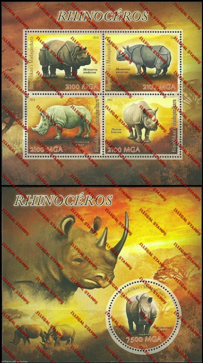 Madagascar 2014 Rhinoceros Illegal Stamp Souvenir Sheet and Sheetlet Madagascar 2014 Rhinoceros Illegal Stamp Souvenir Sheet and Sheetlet