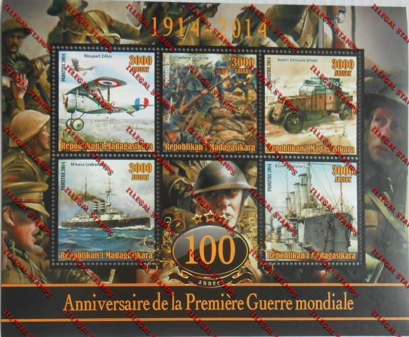 Madagascar 2014 Centenary of World War I Remake Illegal Stamp Souvenir Sheetlet of Five 1 Madagascar 2014 Centenary of World War I Remake Illegal Stamp Souvenir Sheetlet of Five 1