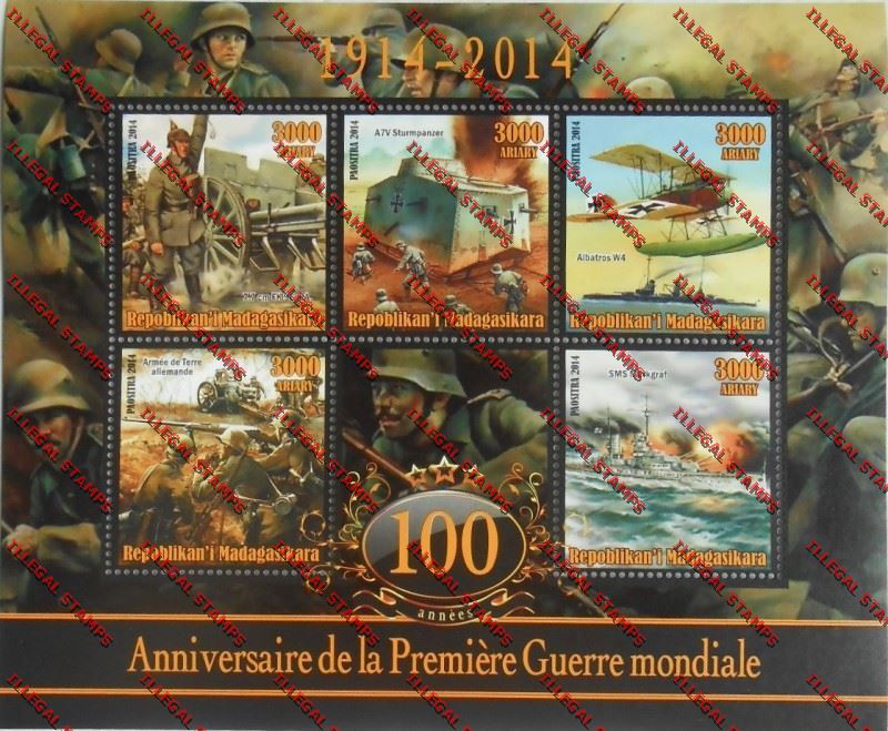 Madagascar 2014 Centenary of World War I Remake Illegal Stamp Souvenir Sheetlet of Five 2 Madagascar 2014 Centenary of World War I Remake Illegal Stamp Souvenir Sheetlet of Five 2