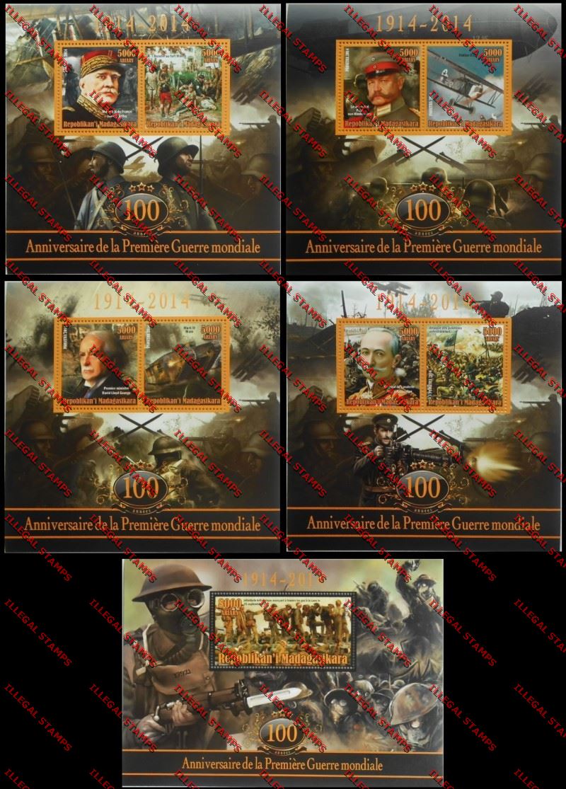 Madagascar 2014 Centenary of World War I Remake Illegal Stamp Souvenir Sheets Madagascar 2014 Centenary of World War I Remake Illegal Stamp Souvenir Sheets