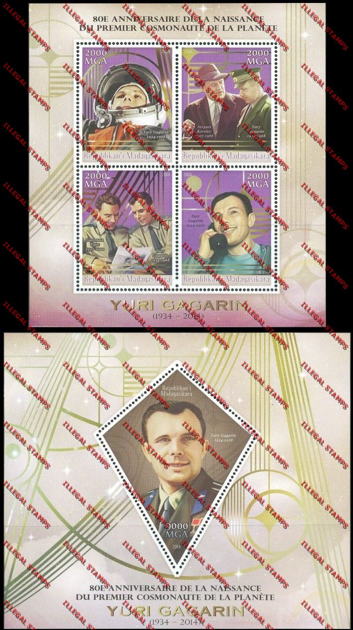 Madagascar 2014 Yuri Gagarin Illegal Stamp Souvenir Sheet and Sheetlet Madagascar 2014 Yuri Gagarin Illegal Stamp Souvenir Sheet and Sheetlet