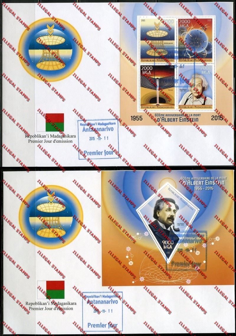 Madagascar 2015 Albert Einstein Illegal Stamp Souvenir Sheet and Sheetlet on Fake FDC's Madagascar 2015 Albert Einstein Illegal Stamp Souvenir Sheet and Sheetlet on Fake FDC's