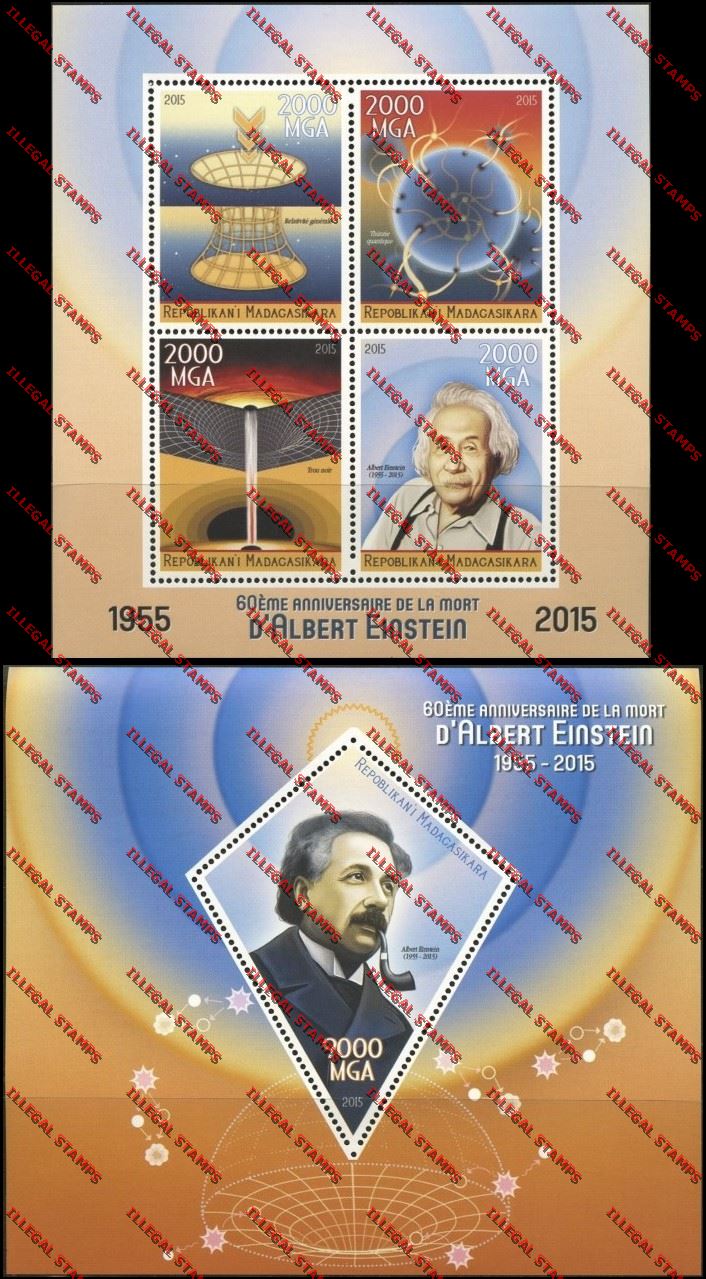 Madagascar 2015 Albert Einstein Illegal Stamp Souvenir Sheet and Sheetlet Madagascar 2015 Albert Einstein Illegal Stamp Souvenir Sheet and Sheetlet