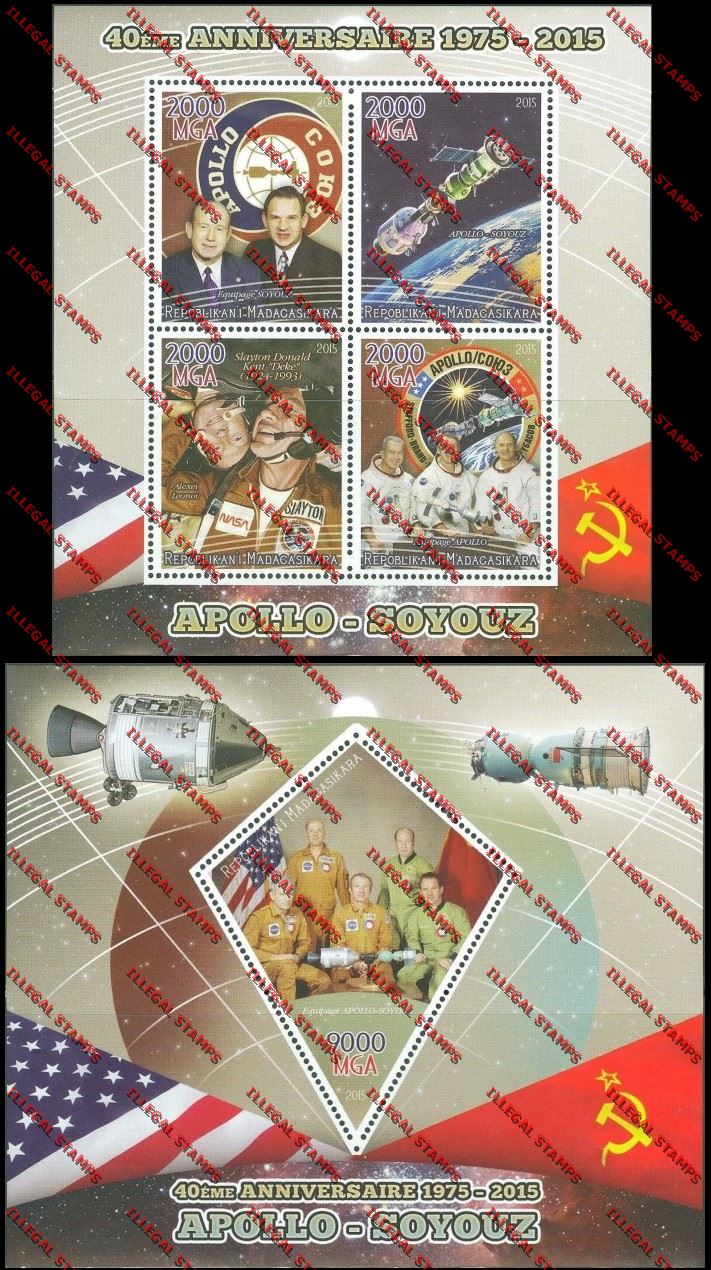Madagascar 2015 Apollo-Soyuz Space Mission Illegal Stamp Souvenir Sheet and Sheetlet Madagascar 2015 Apollo-Soyuz Space Mission Illegal Stamp Souvenir Sheet and Sheetlet