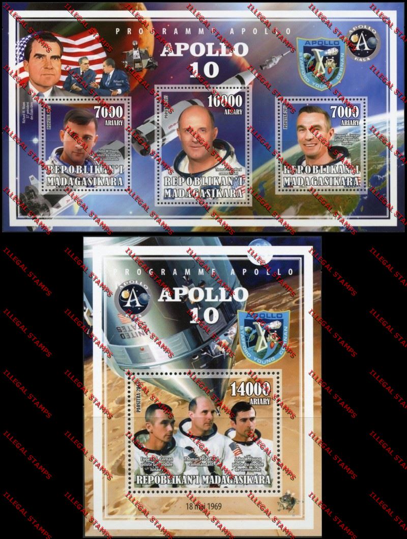 Madagascar 2015 Apollo 10 Illegal Stamp Souvenir Sheet and Sheetlet Madagascar 2015 Apollo 10 Illegal Stamp Souvenir Sheet and Sheetlet