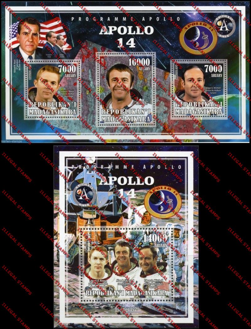 Madagascar 2015 Apollo 14 Illegal Stamp Souvenir Sheet and Sheetlet Madagascar 2015 Apollo 14 Illegal Stamp Souvenir Sheet and Sheetlet