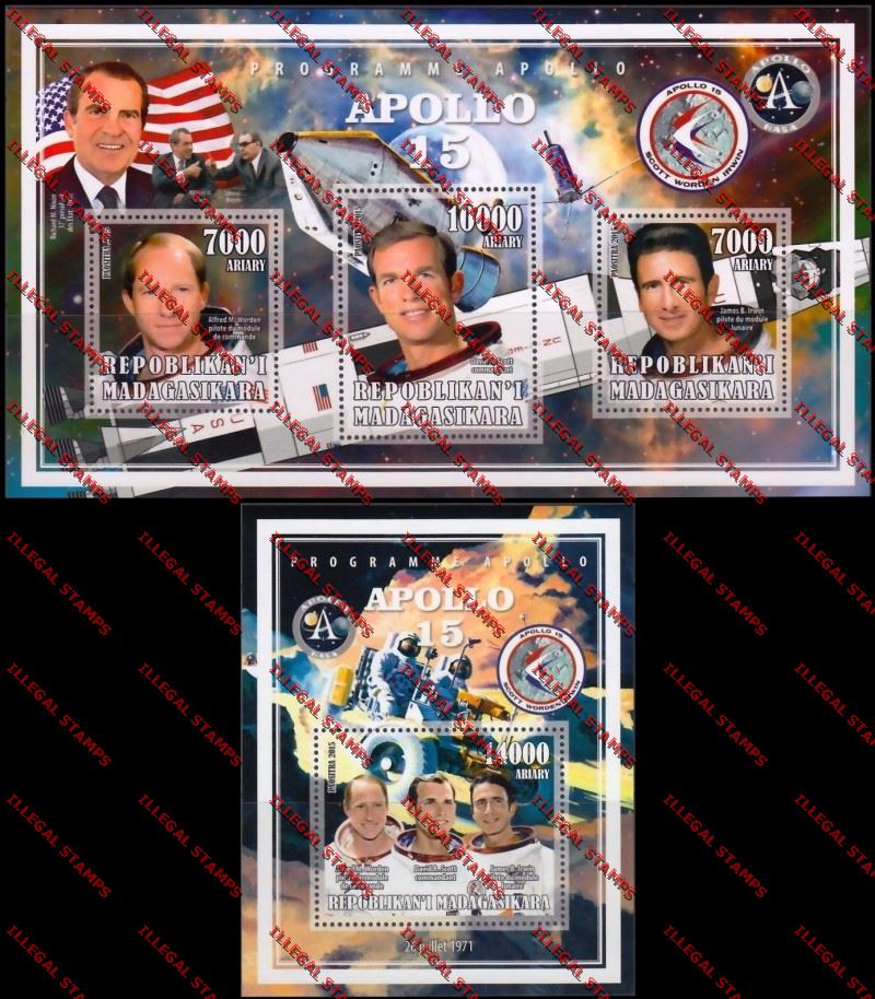 Madagascar 2015 Apollo 15 Illegal Stamp Souvenir Sheet and Sheetlet Madagascar 2015 Apollo 15 Illegal Stamp Souvenir Sheet and Sheetlet