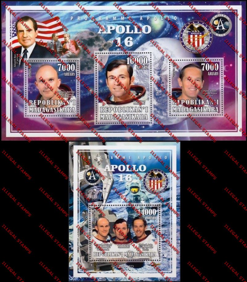 Madagascar 2015 Apollo 16 Illegal Stamp Souvenir Sheet and Sheetlet Madagascar 2015 Apollo 16 Illegal Stamp Souvenir Sheet and Sheetlet