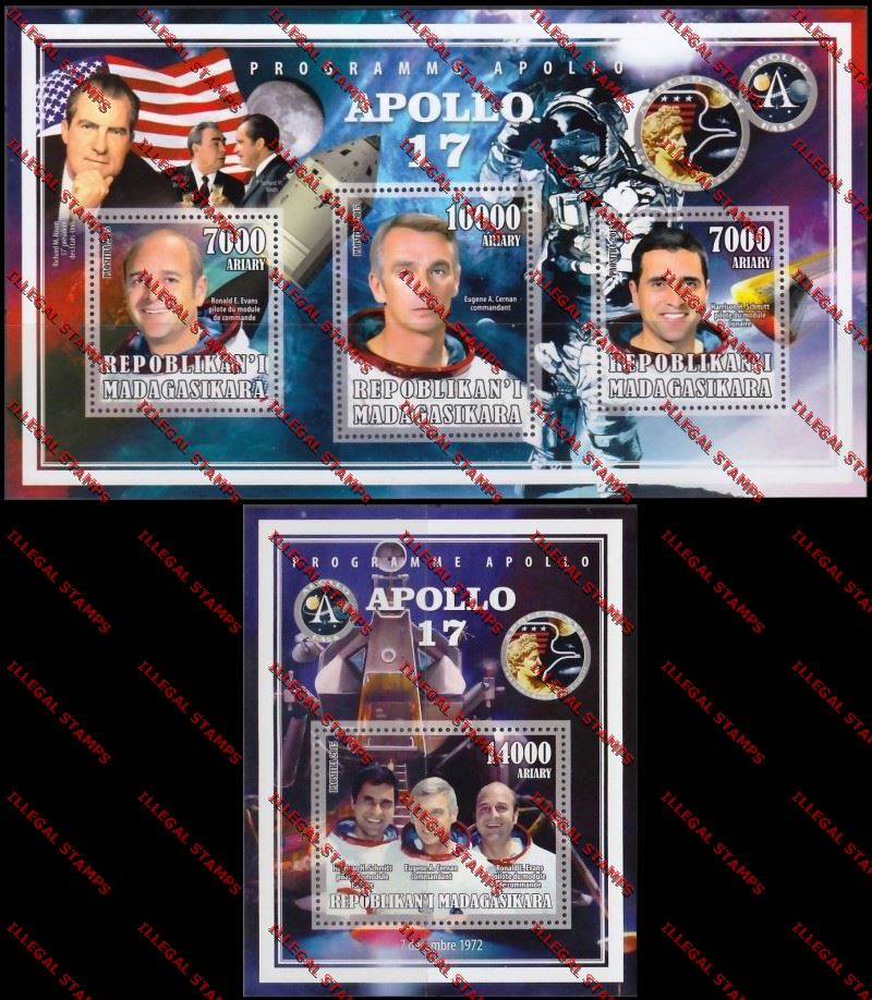 Madagascar 2015 Apollo 17 Illegal Stamp Souvenir Sheet and Sheetlet Madagascar 2015 Apollo 17 Illegal Stamp Souvenir Sheet and Sheetlet