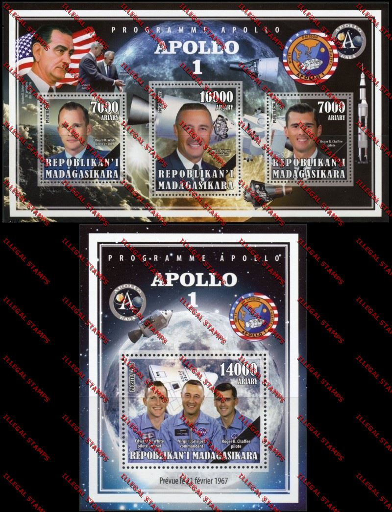 Madagascar 2015 Apollo 1 Illegal Stamp Souvenir Sheet and Sheetlet Madagascar 2015 Apollo 1 Illegal Stamp Souvenir Sheet and Sheetlet