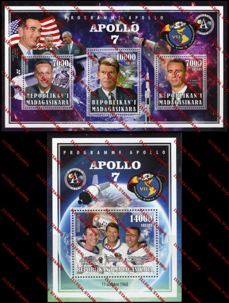 Madagascar 2015 Apollo 7 Illegal Stamp Souvenir Sheet and Sheetlet Madagascar 2015 Apollo 7 Illegal Stamp Souvenir Sheet and Sheetlet