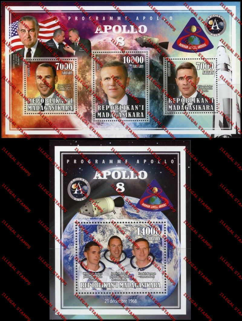 Madagascar 2015 Apollo 8 Illegal Stamp Souvenir Sheet and Sheetlet Madagascar 2015 Apollo 8 Illegal Stamp Souvenir Sheet and Sheetlet