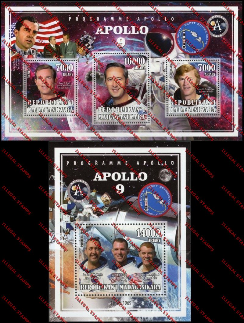 Madagascar 2015 Apollo 9 Illegal Stamp Souvenir Sheet and Sheetlet Madagascar 2015 Apollo 9 Illegal Stamp Souvenir Sheet and Sheetlet