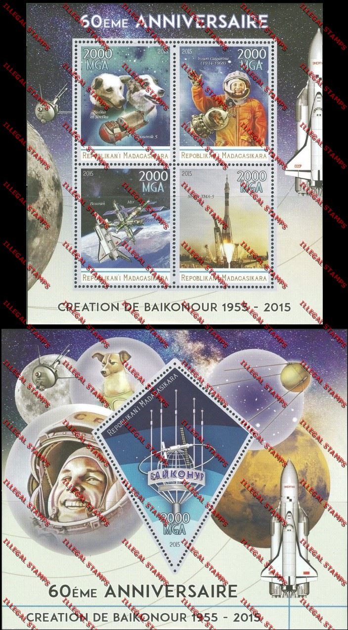 Madagascar 2015 Creation of the Baikonur Cosmodrome Illegal Stamp Souvenir Sheet and Sheetlet Madagascar 2015 Creation of the Baikonur Cosmodrome Illegal Stamp Souvenir Sheet and Sheetlet