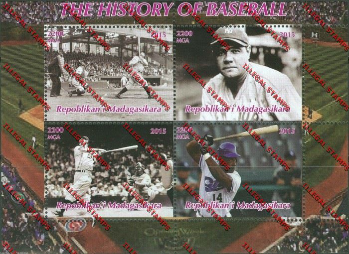 Madagascar 2015 The History of Baseball Illegal Stamp Souvenir Sheetlet Madagascar 2015 The History of Baseball Illegal Stamp Souvenir Sheetlet