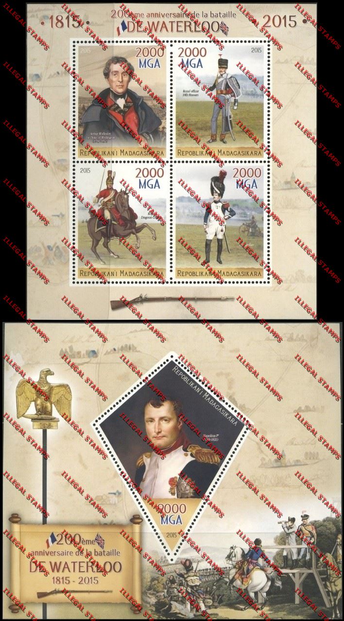 Madagascar 2015 Battle of Waterloo Illegal Stamp Souvenir Sheet and Sheetlet Madagascar 2015 Battle of Waterloo Illegal Stamp Souvenir Sheet and Sheetlet