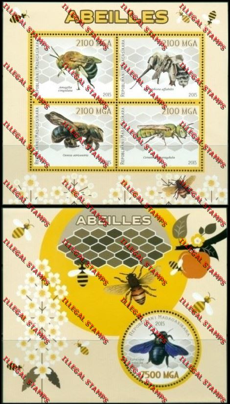 Madagascar 2015 Bees Illegal Stamp Souvenir Sheet and Sheetlet Madagascar 2015 Bees Illegal Stamp Souvenir Sheet and Sheetlet