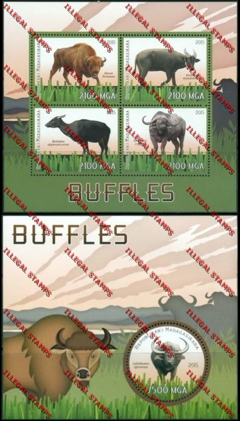 Madagascar 2015 Buffalo Illegal Stamp Souvenir Sheet and Sheetlet Madagascar 2015 Buffalo Illegal Stamp Souvenir Sheet and Sheetlet