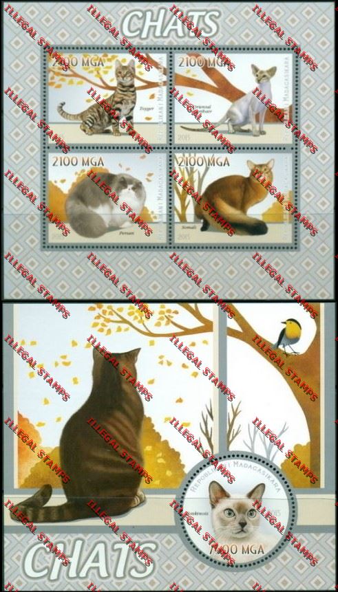 Madagascar 2015 Cats Illegal Stamp Souvenir Sheet and Sheetlet Madagascar 2015 Cats Illegal Stamp Souvenir Sheet and Sheetlet