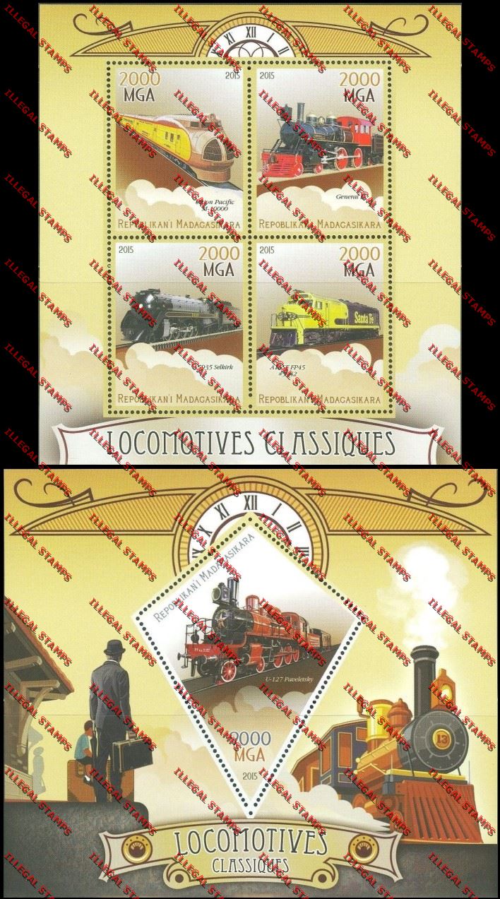 Madagascar 2015 Classic Locomotives Illegal Stamp Souvenir Sheet and Sheetlet Madagascar 2015 Classic Locomotives Illegal Stamp Souvenir Sheet and Sheetlet