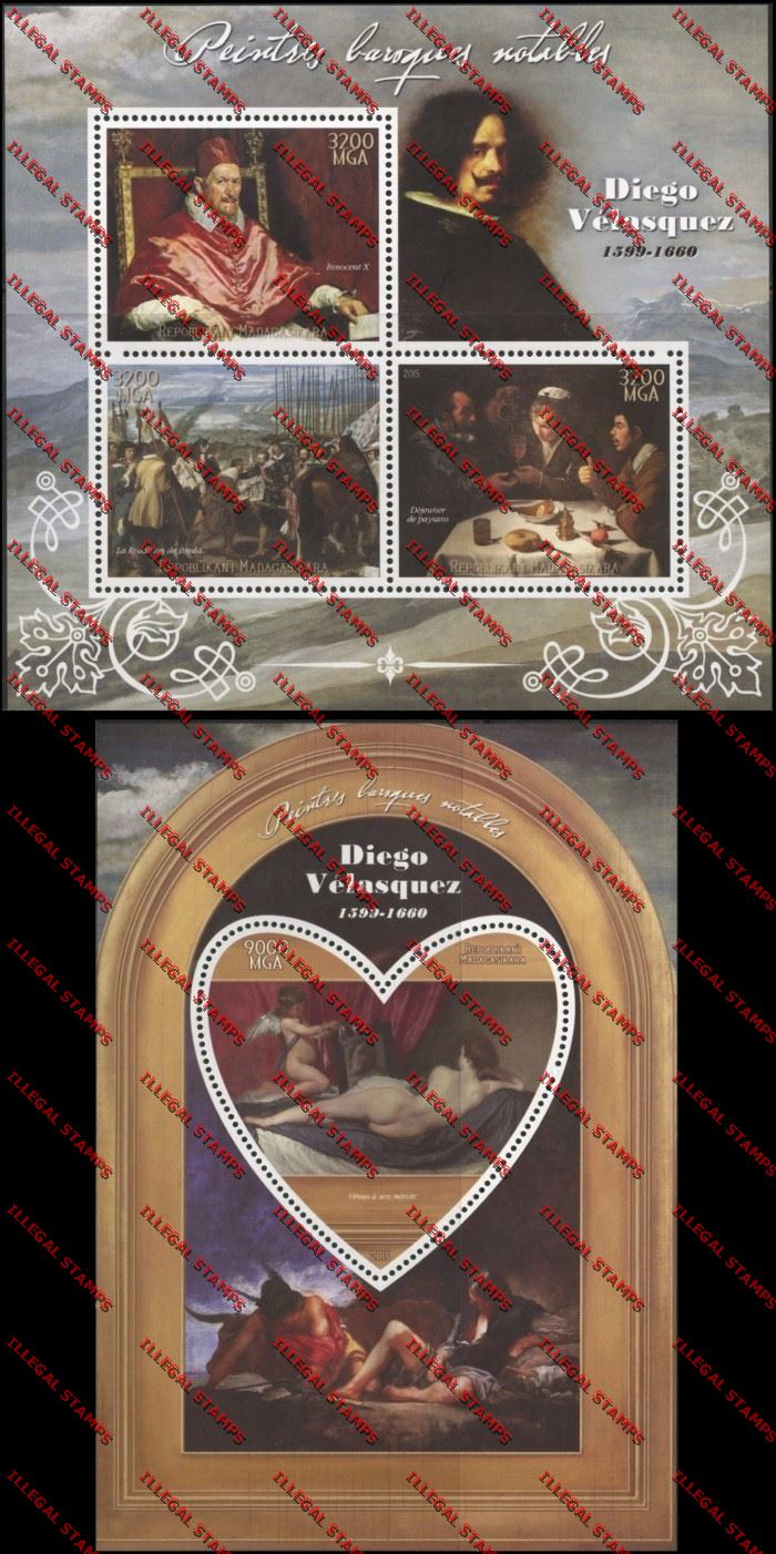 Madagascar 2015 Diego Velasquez Illegal Stamp Souvenir Sheet and Sheetlet Madagascar 2015 Diego Velasquez Illegal Stamp Souvenir Sheet and Sheetlet