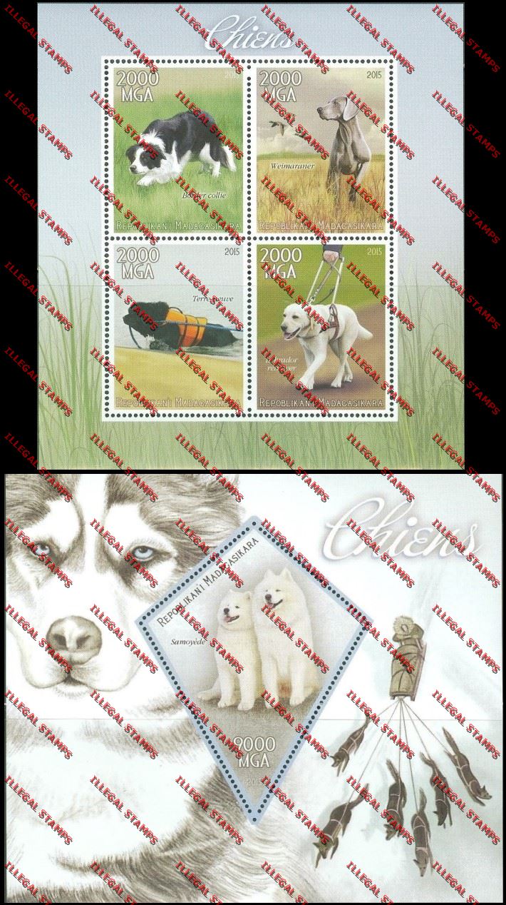 Madagascar 2015 Dogs Illegal Stamp Souvenir Sheet and Sheetlet Madagascar 2015 Dogs Illegal Stamp Souvenir Sheet and Sheetlet