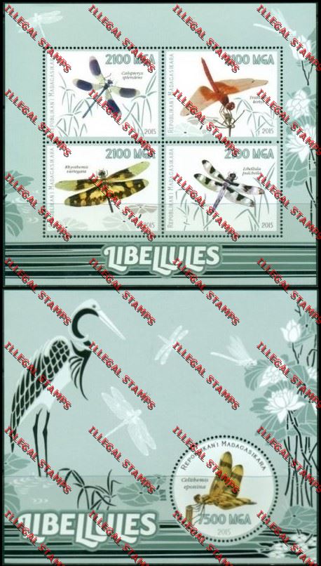 Madagascar 2015 Dragonflies Illegal Stamp Souvenir Sheet and Sheetlet Madagascar 2015 Dragonflies Illegal Stamp Souvenir Sheet and Sheetlet