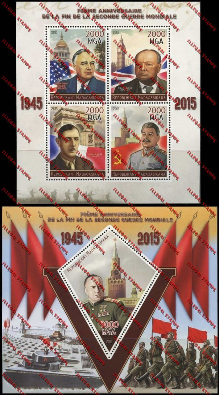 Madagascar 2015 70th Anniversary of the End of World War II Illegal Stamp Souvenir Sheet and Sheetlet Madagascar 2015 70th Anniversary of the End of World War II Illegal Stamp Souvenir Sheet and Sheetlet