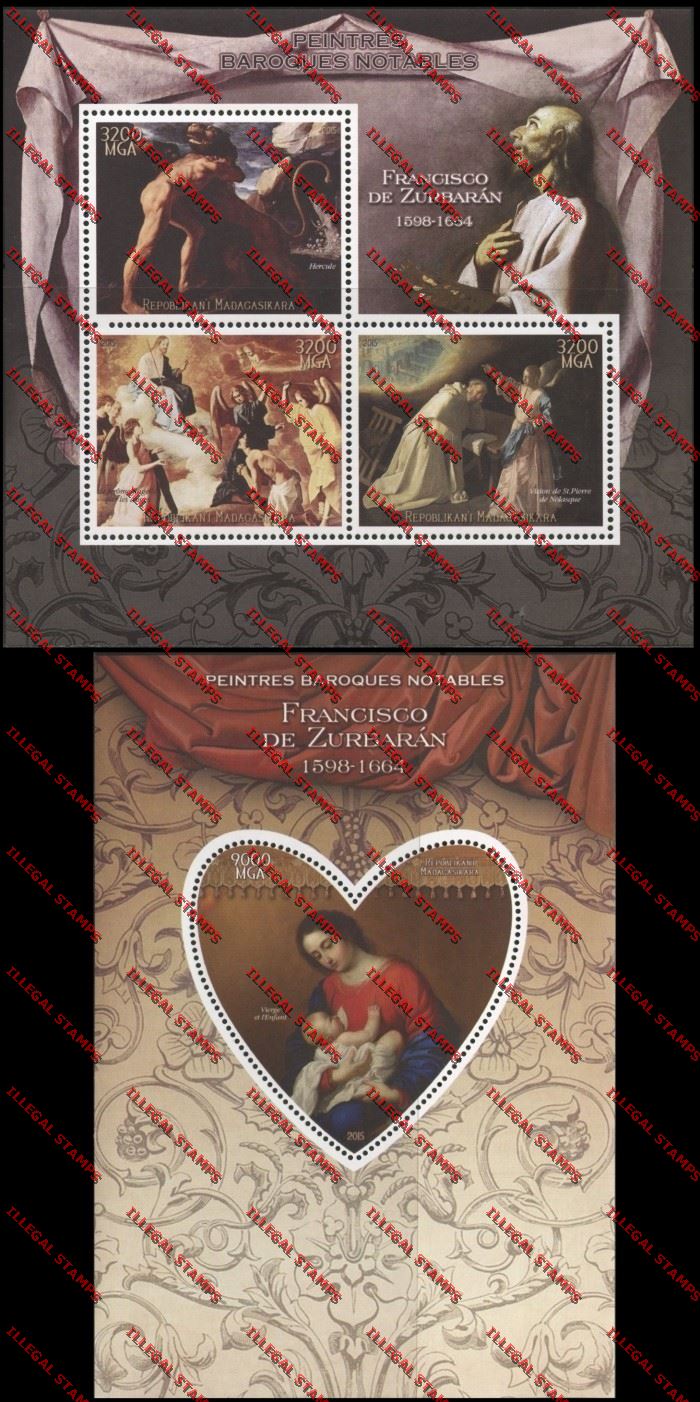 Madagascar 2015 Francisco de Zurbaran Illegal Stamp Souvenir Sheet and Sheetlet Madagascar 2015 Francisco de Zurbaran Illegal Stamp Souvenir Sheet and Sheetlet