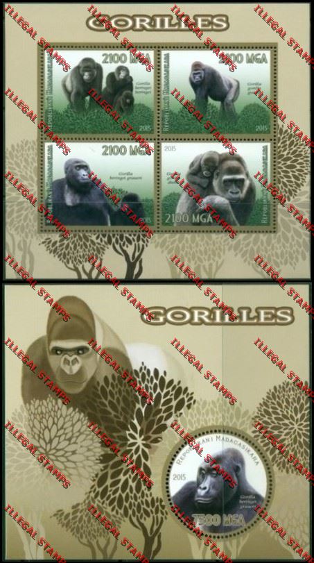 Madagascar 2015 Gorillas Illegal Stamp Souvenir Sheet and Sheetlet Madagascar 2015 Gorillas Illegal Stamp Souvenir Sheet and Sheetlet