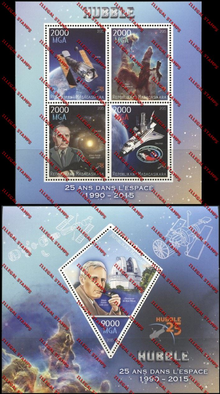 Madagascar 2015 Hubble Telescope Illegal Stamp Souvenir Sheet and Sheetlet Madagascar 2015 Hubble Telescope Illegal Stamp Souvenir Sheet and Sheetlet