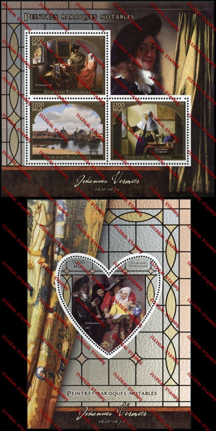 Madagascar 2015 Johannes Vermeir Illegal Stamp Souvenir Sheet and Sheetlet Madagascar 2015 Johannes Vermeir Illegal Stamp Souvenir Sheet and Sheetlet