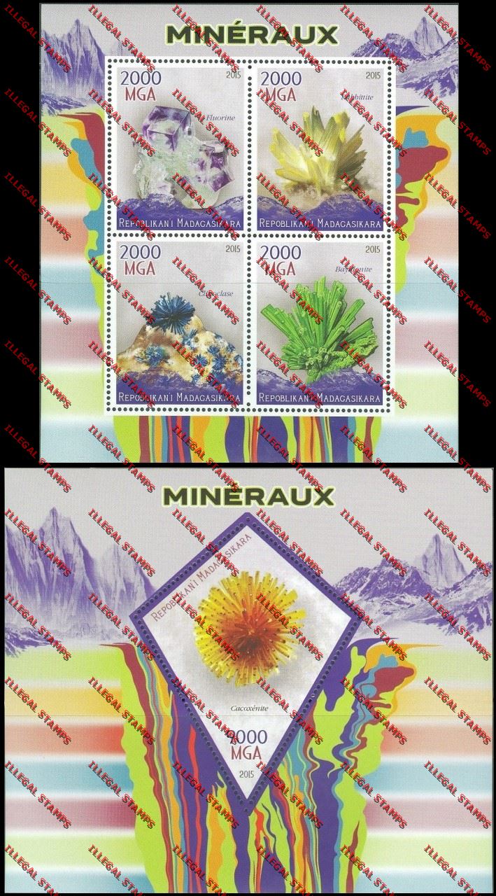 Madagascar 2015 Minerals Illegal Stamp Souvenir Sheet and Sheetlet Madagascar 2015 Minerals Illegal Stamp Souvenir Sheet and Sheetlet