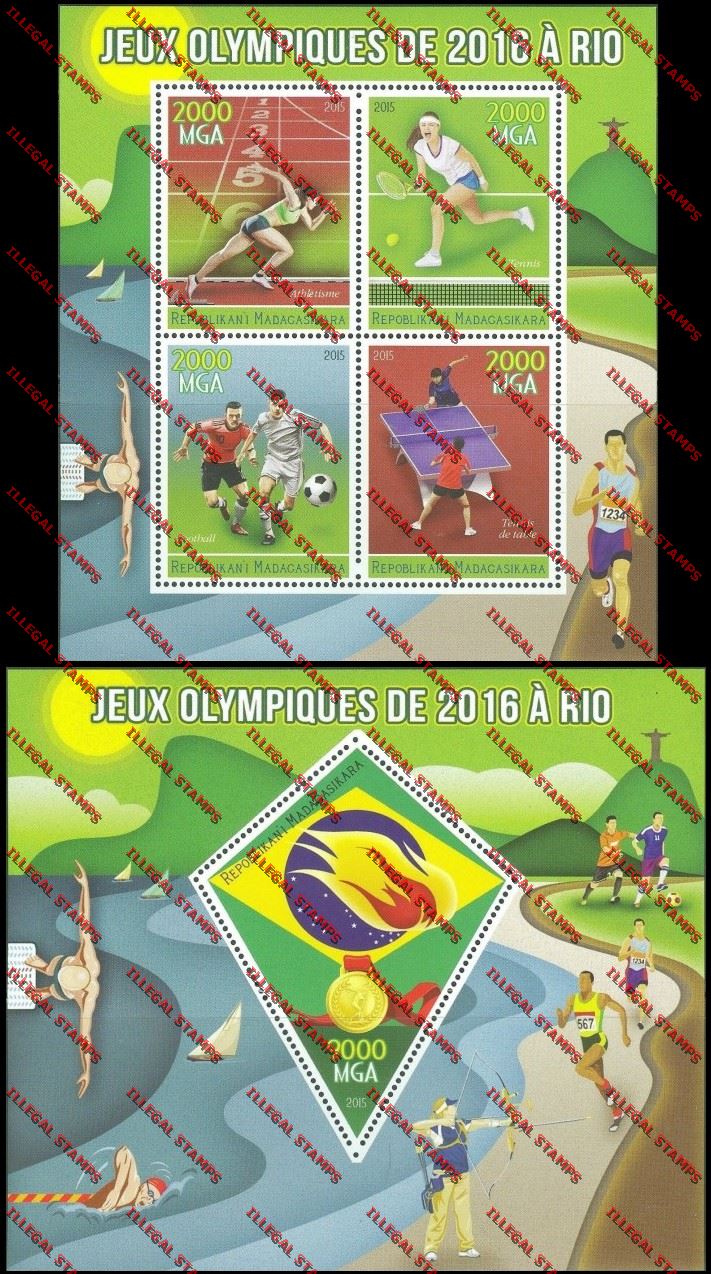 Madagascar 2015 Olympic Games in Rio Illegal Stamp Souvenir Sheet and Sheetlet Madagascar 2015 Olympic Games in Rio Illegal Stamp Souvenir Sheet and Sheetlet