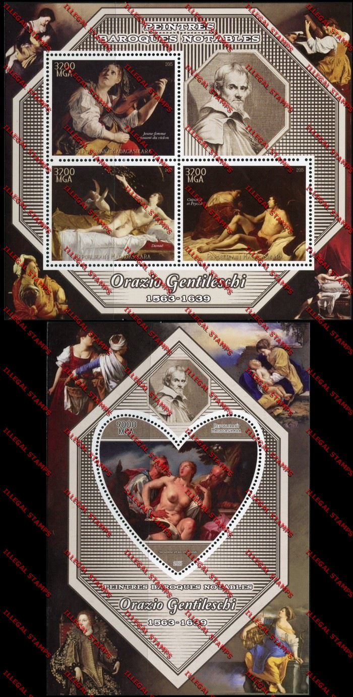Madagascar 2015 Orazio Gentileschi Illegal Stamp Souvenir Sheet and Sheetlet Madagascar 2015 Orazio Gentileschi Illegal Stamp Souvenir Sheet and Sheetlet