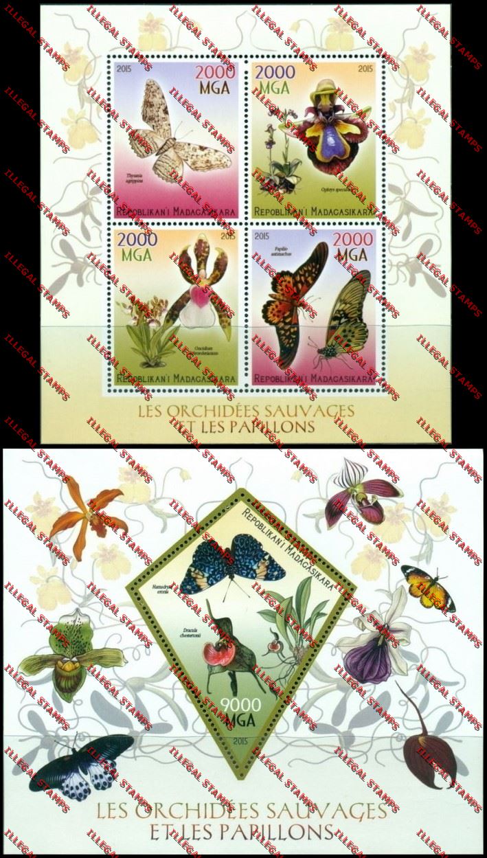 Madagascar 2015 Wild Orchids and Butterflies Illegal Stamp Souvenir Sheet and Sheetlet Madagascar 2015 Wild Orchids and Butterflies Illegal Stamp Souvenir Sheet and Sheetlet