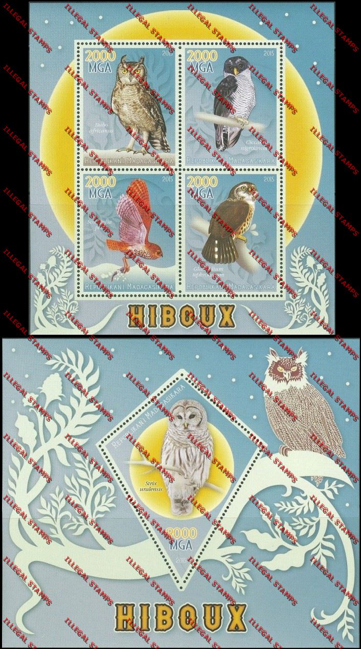 Madagascar 2015 Owls Illegal Stamp Souvenir Sheet and Sheetlet Madagascar 2015 Owls Illegal Stamp Souvenir Sheet and Sheetlet