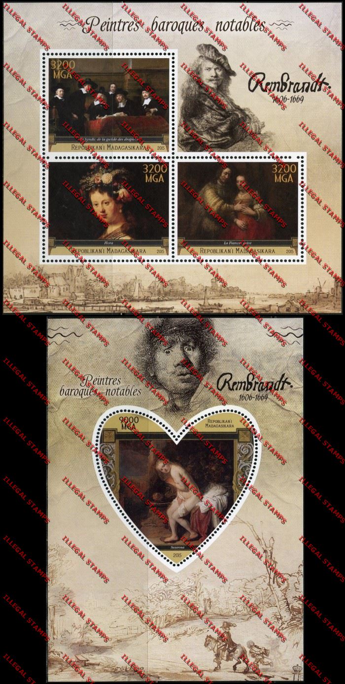 Madagascar 2015 Rembrandt Illegal Stamp Souvenir Sheet and Sheetlet Madagascar 2015 Rembrandt Illegal Stamp Souvenir Sheet and Sheetlet