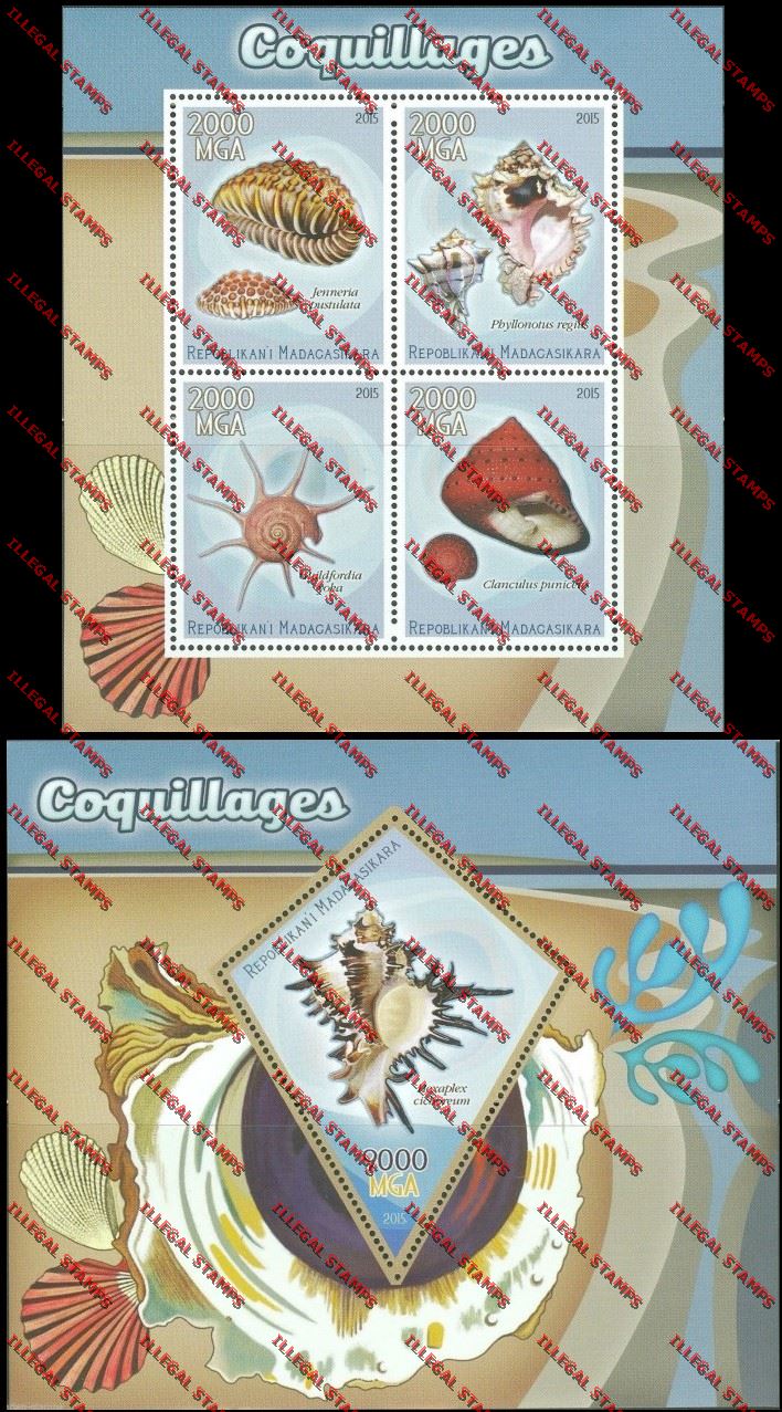 Madagascar 2015 Seashells Illegal Stamp Souvenir Sheet and Sheetlet Madagascar 2015 Seashells Illegal Stamp Souvenir Sheet and Sheetlet