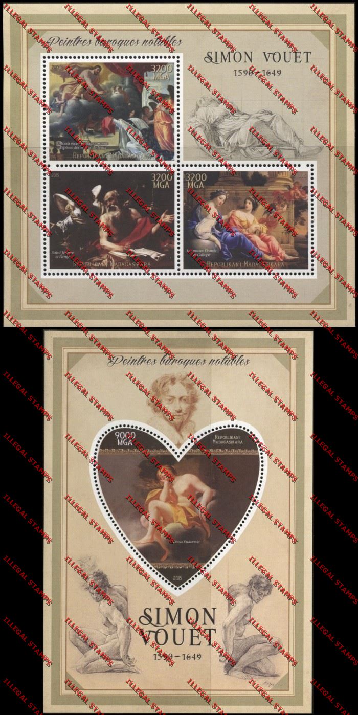 Madagascar 2015 Simon Vouet Illegal Stamp Souvenir Sheet and Sheetlet Madagascar 2015 Simon Vouet Illegal Stamp Souvenir Sheet and Sheetlet