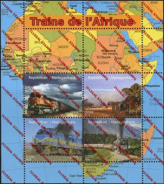 Madagascar 2015 Trains of Africa Illegal Stamp Souvenir Sheetlet Madagascar 2015 Trains of Africa Illegal Stamp Souvenir Sheetlet