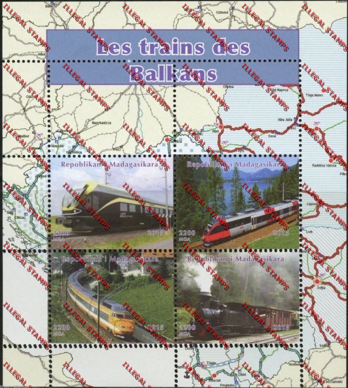 Madagascar 2015 Trains of the Balkans Illegal Stamp Souvenir Sheetlet Madagascar 2015 Trains of the Balkans Illegal Stamp Souvenir Sheetlet